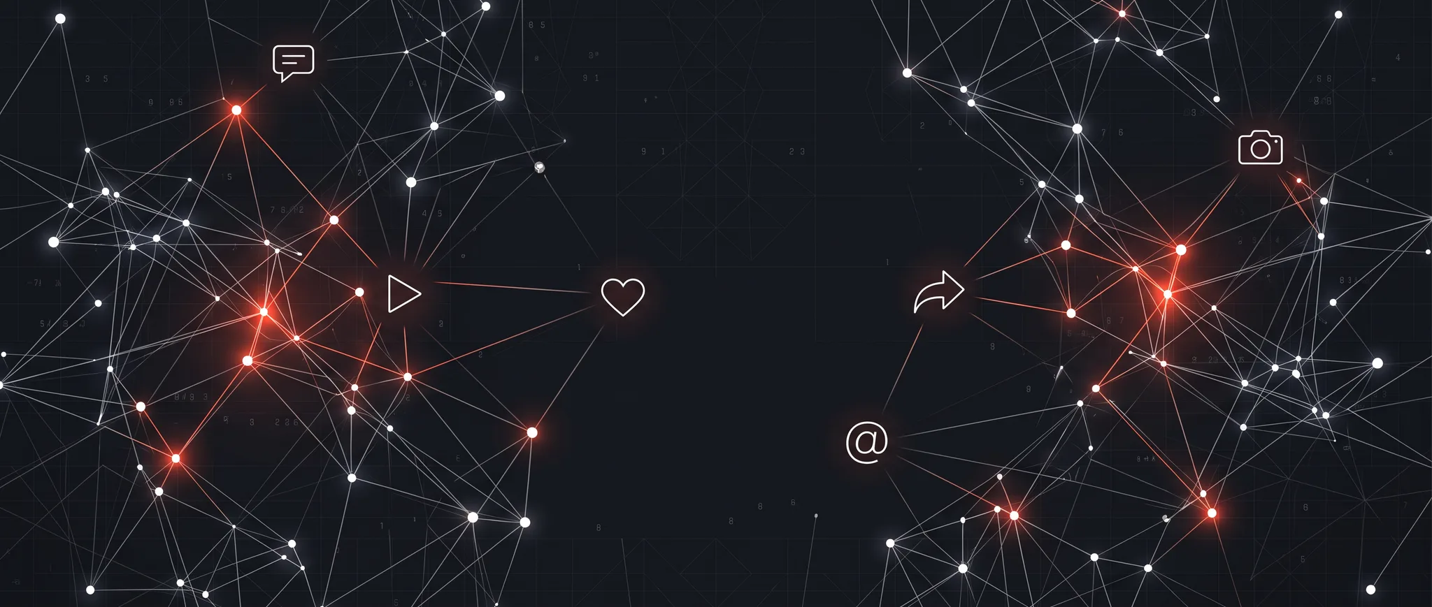 Abstract node network in which social media icons sit as points in the graph, connected by glowing lines